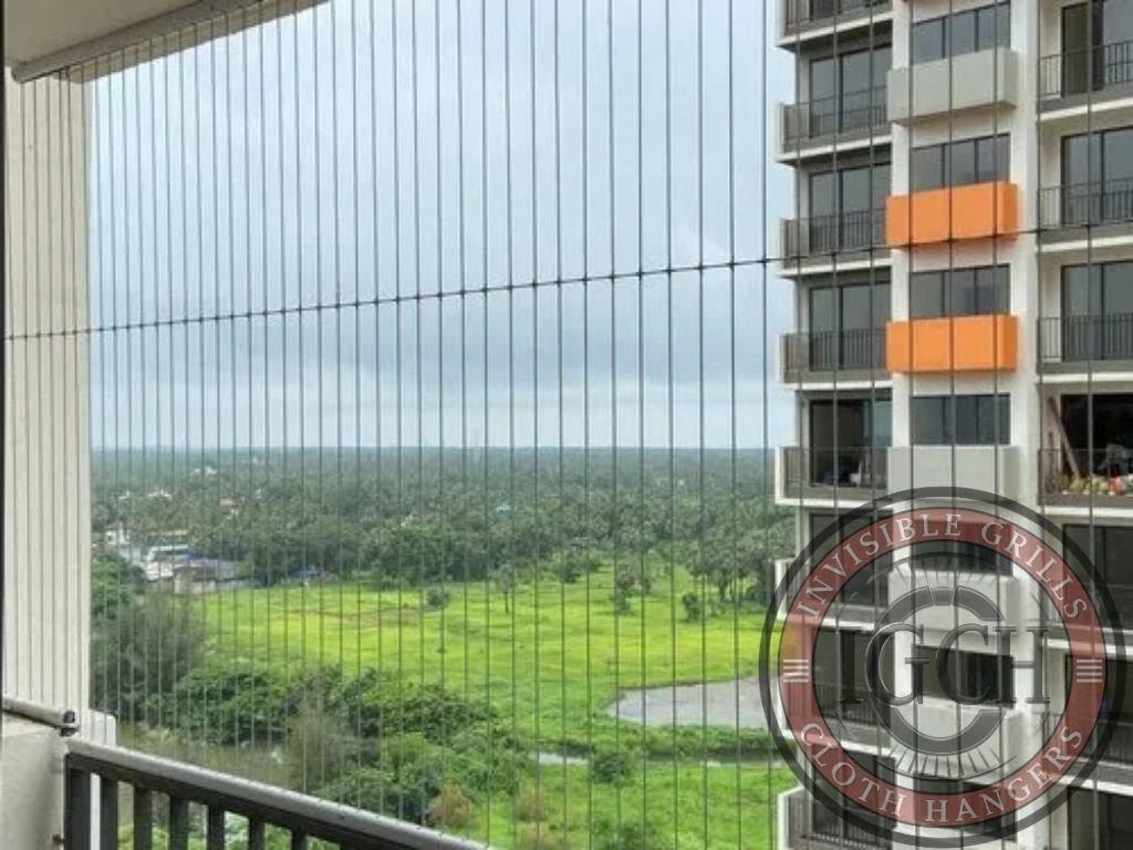 Apartment balcony fitted with stainless steel invisible grills for security in LB Nagar